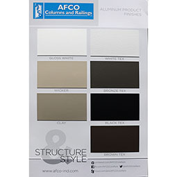 Sample - Aluminum Column and Railing Color Chart: Gloss White, White Texture, Wicker, Bronze Texture, Clay, Black Texture, Brown Texture