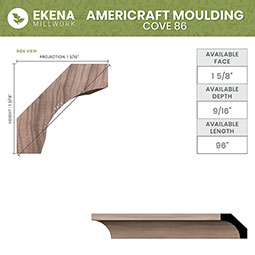 Ekena Millwork - MLDWM86 - WM86 5/8"D x 1 5/8"W x 96"L Americraft Solid Hardwood Stain Grade Cove Moulding