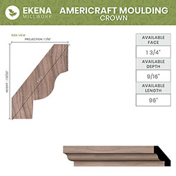 Ekena Millwork - MLDWM60 - WM60 1 3/8"H x 1"P x 1 3/4"F x 96"L Americraft Solid Hardwood Stain Grade Crown Moulding