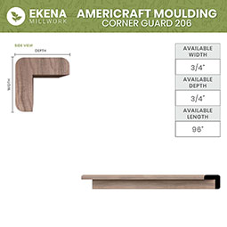 Ekena Millwork - MLDWM206 - WM206 3/4"D x 3/4"W x 96"L Americraft Solid Hardwood Stain Grade Corner Guard Moulding