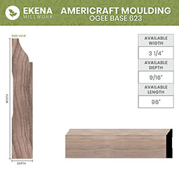 Ekena Millwork - MLDWM623 - WM623 5/8"D x 3 1/4"W x 96"L Americraft Solid Hardwood Stain Grade Ogee Base Moulding
