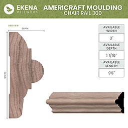 Ekena Millwork - MLDWM300 - WM300 1 1/8"D x 3"W x 96"L Americraft Solid Hardwood Stain Grade Chair Rail Moulding