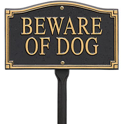 Whitehall Products LLC - WH01421 - 9 1/2"L x 5 3/4"W x 3/8"H "Beware of Dog" Wall/Lawn Plaque, Black and Gold
