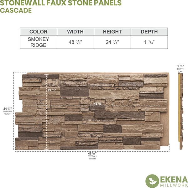 Ekena Millwork - PNU24X48CA - 48 5/8"W x 24 3/4"H x 1 1/4"D Cascade Stacked Stone, StoneCraft Faux Riverrock Siding Panel