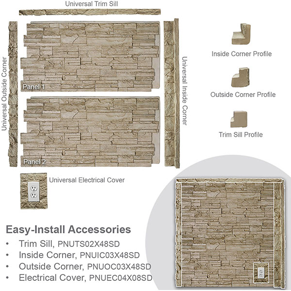 Ekena Millwork - PNUEC04X08 - 4"W x 3"D x 7 7/8"H Universal Electrical Cover for StoneCraft Faux Stone Siding Panels