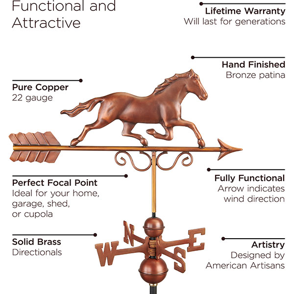Good Directions - GD1974 - Galloping Horse Pure Copper Weathervane<br>