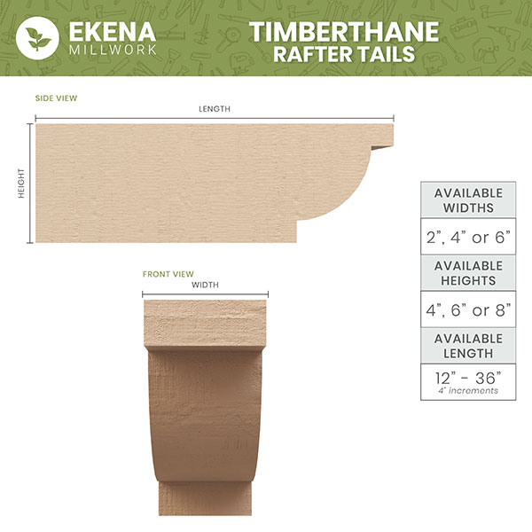 Ekena Millwork - RFTURCAR - Carmel Rough Cedar Woodgrain TimberThane Rafter Tail, Primed Tan