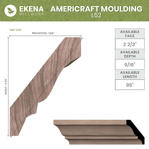 Ekena Millwork - MLDWM52 - WM52 2 1/4"H x 1 5/8"P x 2 3/4"F x 96"L Americraft Solid Hardwood Stain Grade Crown Moulding