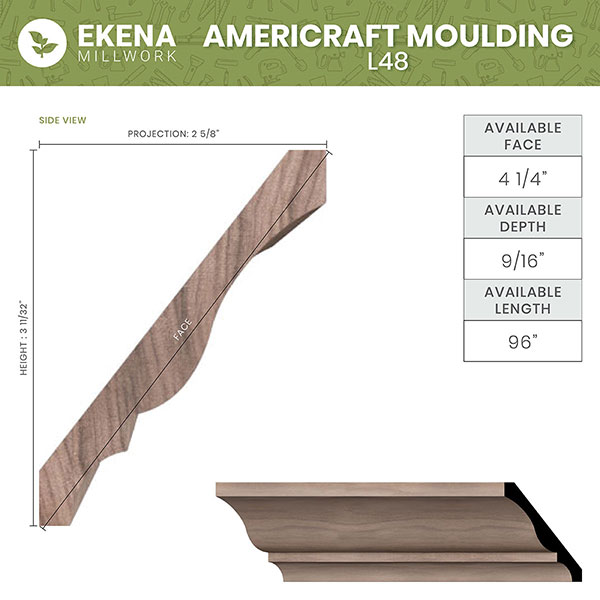 Ekena Millwork - MLDWM48 - WM48 3 3/8"H x 2 5/8"P x 4 1/4"F x 96"L Americraft Solid Hardwood Stain Grade Crown Moulding