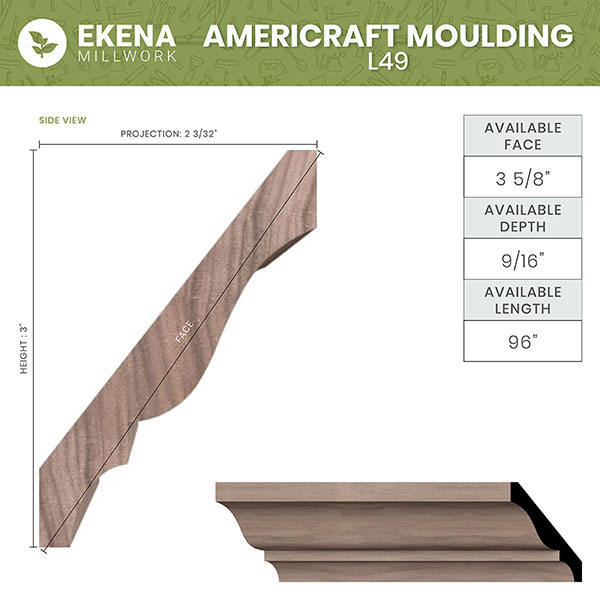 Ekena Millwork - MLDWM49 - WM49 3"H x 2 1/8"P x 3 5/8"F x 96"L Americraft Solid Hardwood Stain Grade Crown Moulding