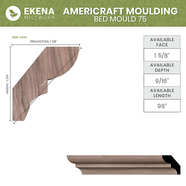 Ekena Millwork - MLDWM75 - WM75 5/8"D x 1 5/8"W x 96"L Americraft Solid Hardwood Stain Grade Bed Moulding