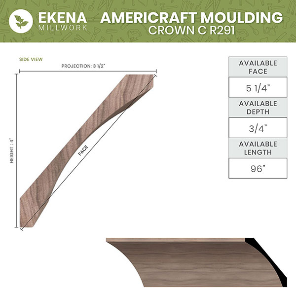 Ekena Millwork - MLDWM291 - WM291 4"H x 3 1/2"P x 5 1/4"F x 96"L Americraft Solid Hardwood Stain Grade Crown Moulding