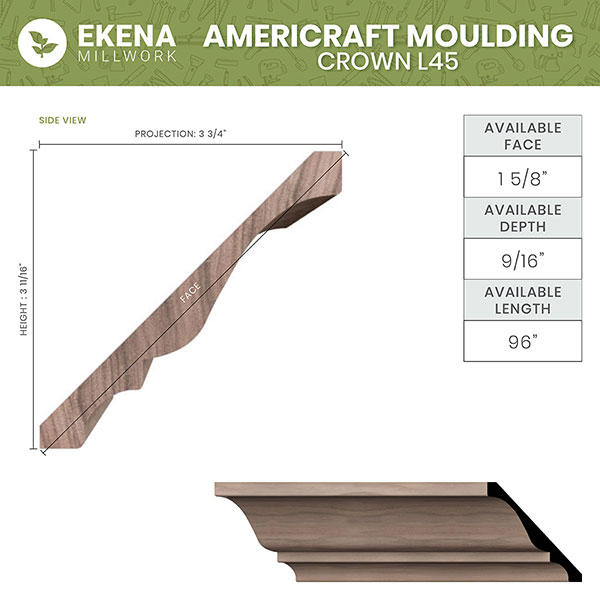 Ekena Millwork - MLDWM45 - WM45 3 5/8"H x 3 3/4"P x 5 1/4"F x 96"L Americraft Solid Hardwood Stain Grade Crown Moulding