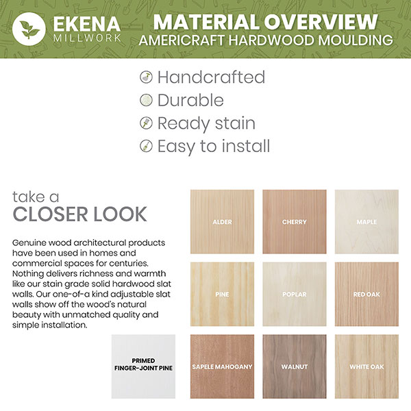 Ekena Millwork - MLDWM266 - WM266 1/4"D x 1 1/2"W x 96"L Americraft Solid Hardwood Stain Grade Lattice Moulding