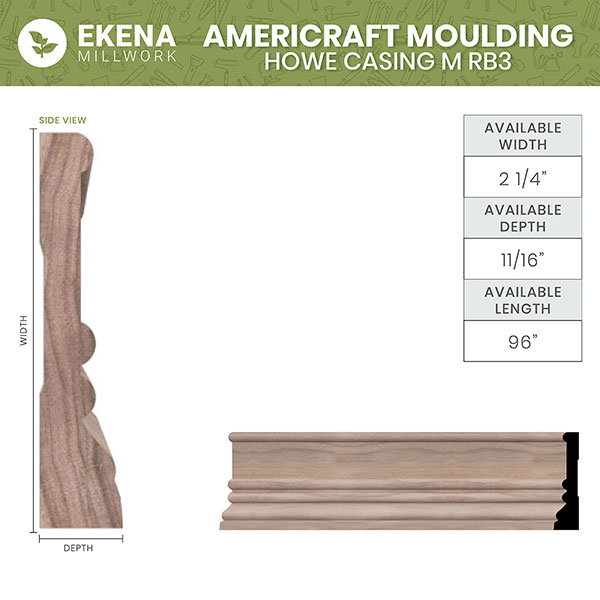 Ekena Millwork - MLDMRB3 - MRB3 5/8"D x 3 1/4"W x 96"L Americraft Solid Hardwood Stain Grade Howe Casing Moulding