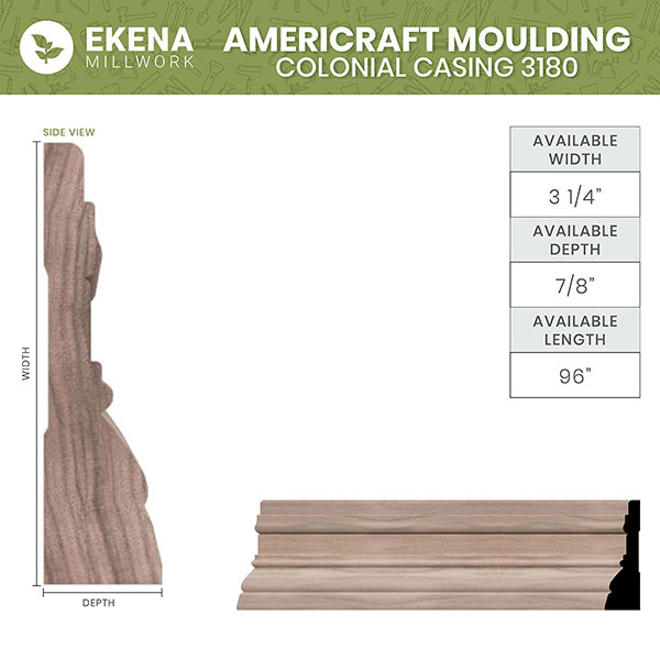 Ekena Millwork - MLDWM318 - WM318 7/8"D x 3 1/4"W x 96"L Americraft Solid Hardwood Stain Grade Colonial Casing Moulding