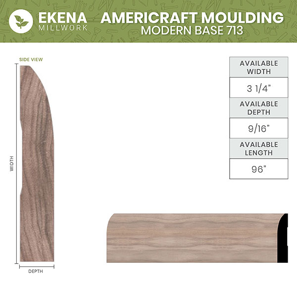 Ekena Millwork - MLDWM713 - WM713 5/8"D x 3 1/4"W x 96"L Americraft Solid Hardwood Stain Grade Modern Base Moulding