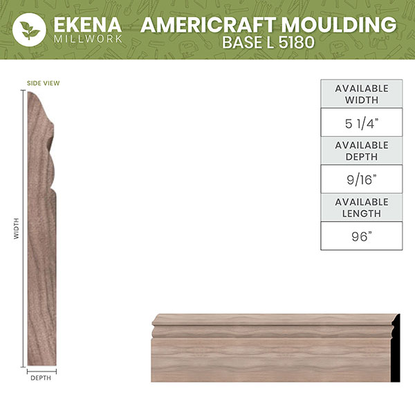 Ekena Millwork - MLDWM518 - WM518 5/8"D x 5 1/4"W x 96"L Americraft Solid Hardwood Stain Grade Base Moulding