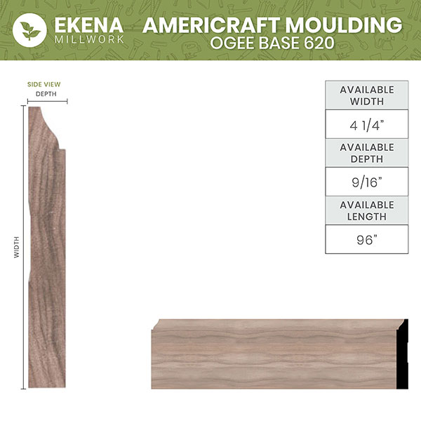 Ekena Millwork - MLDWM620 - WM620 5/8"D x 4 1/4"W x 96"L Americraft Solid Hardwood Stain Grade Ogee Base Moulding