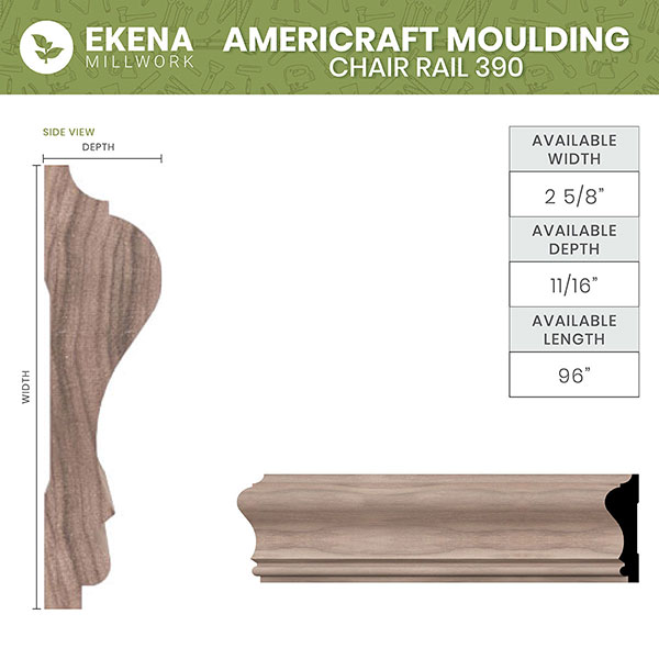 Ekena Millwork - MLDWM390 - WM390 5/8"D x 2 5/8"W x 96"L Americraft Solid Hardwood Stain Grade Chair Rail Moulding