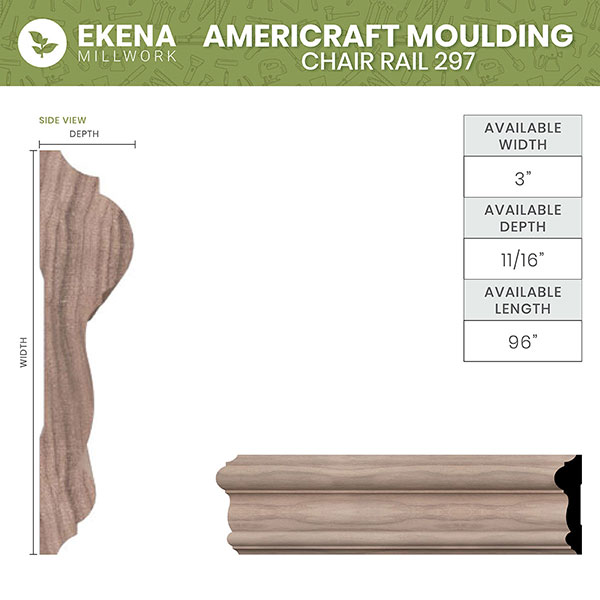 Ekena Millwork - MLDWM297 - WM297 5/8"D x 3"W x 96"L Americraft Solid Hardwood Stain Grade Chair Rail Moulding