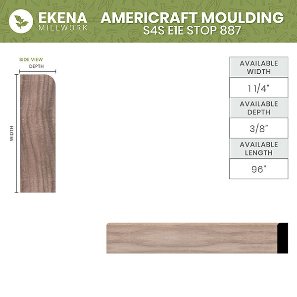 Ekena Millwork - MLDWM887 - WM887 3/8"D x 1 1/4"W x 96"L Americraft Solid Hardwood Stain Grade S4S E1E Stop 887 Moulding