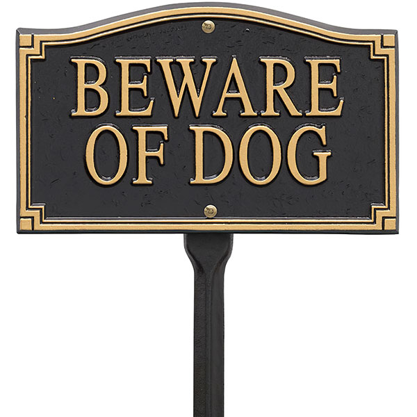 Whitehall Products LLC - WH01421 - 9 1/2"L x 5 3/4"W x 3/8"H "Beware of Dog" Wall/Lawn Plaque, Black and Gold