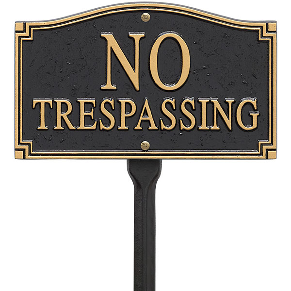 Whitehall Products LLC - WH01424 - 9 1/2"L x 5 3/4"W x 3/8"H "No Trespassing" Wall/Lawn Plaque, Black and Gold